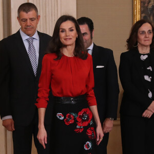 La reine Letizia d'Espagne (haut Hugo Boss, jupe Carolina Herrera et cuissardes Steve Madden) lors d'audiences au palais de la Zarzuela le 14 janvier 2020, avec des représentants de la Fédération des distributeurs de films et des représentants d'une bourse destinée aux enfants de femmes tuées lors de crimes conjugaux.