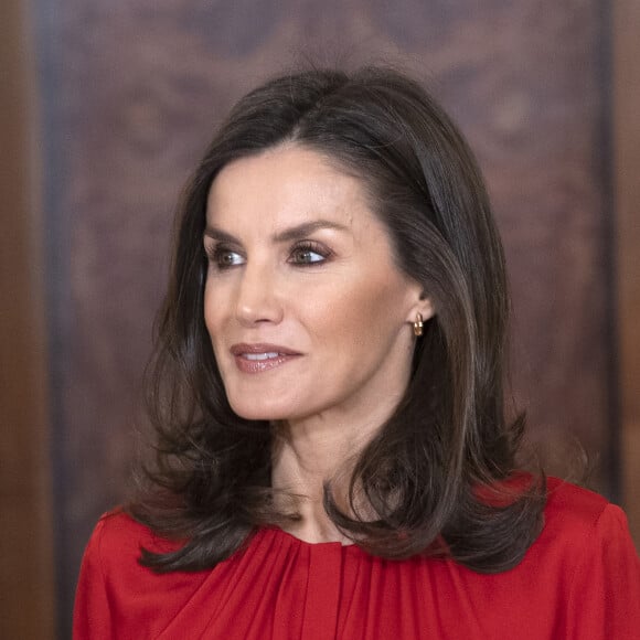La reine Letizia d'Espagne (haut Hugo Boss, jupe Carolina Herrera et cuissardes Steve Madden) lors d'audiences au palais de la Zarzuela le 14 janvier 2020, avec des représentants de la Fédération des distributeurs de films et des représentants d'une bourse destinée aux enfants de femmes tuées lors de crimes conjugaux.