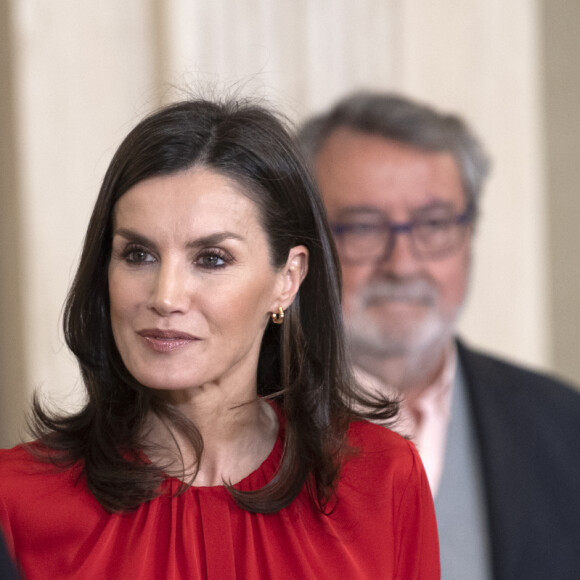 La reine Letizia d'Espagne (haut Hugo Boss, jupe Carolina Herrera et cuissardes Steve Madden) lors d'audiences au palais de la Zarzuela le 14 janvier 2020, avec des représentants de la Fédération des distributeurs de films et des représentants d'une bourse destinée aux enfants de femmes tuées lors de crimes conjugaux.