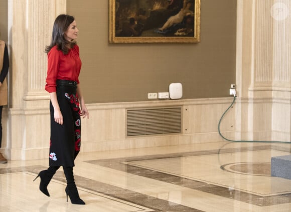 La reine Letizia d'Espagne (haut Hugo Boss, jupe Carolina Herrera et cuissardes Steve Madden) lors d'audiences au palais de la Zarzuela le 14 janvier 2020, avec des représentants de la Fédération des distributeurs de films et des représentants d'une bourse destinée aux enfants de femmes tuées lors de crimes conjugaux.
