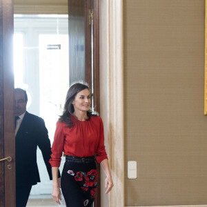 La reine Letizia d'Espagne (haut Hugo Boss, jupe Carolina Herrera et cuissardes Steve Madden) lors d'audiences au palais de la Zarzuela le 14 janvier 2020, avec des représentants de la Fédération des distributeurs de films et des représentants d'une bourse destinée aux enfants de femmes tuées lors de crimes conjugaux.