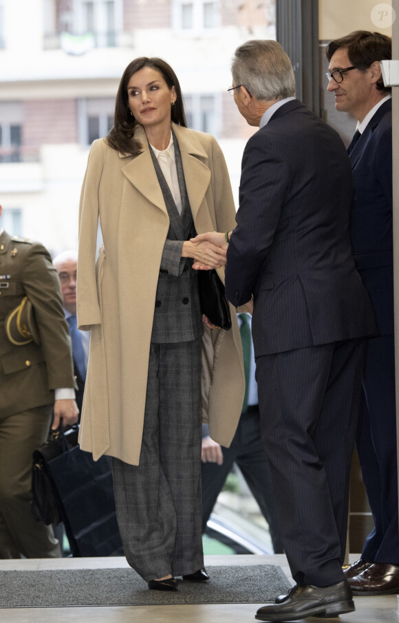La reine Letizia d'Espagne lors d'une réunion de travail avec des membres de la Croix Rouge dans le cadre du sommet sur les crimes conjugaux, au siège de la Croix-Rouge à Madrid,, le 16 janvier 2020.