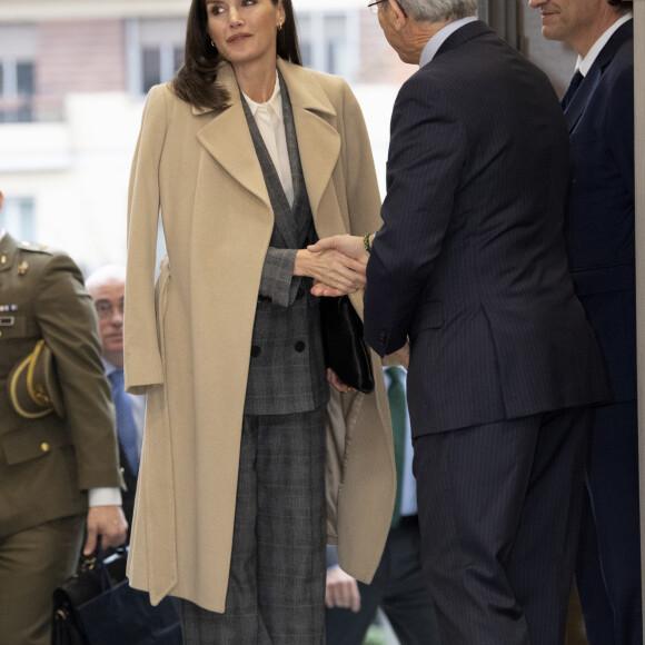 La reine Letizia d'Espagne lors d'une réunion de travail avec des membres de la Croix Rouge dans le cadre du sommet sur les crimes conjugaux, au siège de la Croix-Rouge à Madrid,, le 16 janvier 2020.