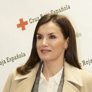 La reine Letizia d'Espagne lors d'une réunion de travail avec des membres de la Croix Rouge dans le cadre du sommet sur les crimes conjugaux, au siège de la Croix-Rouge à Madrid,, le 16 janvier 2020.