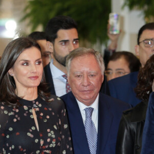 La reine Letizia d'Espagne, dans la robe Massimo Dutti qu'elle portait en octobre 2019 en visite officielle en Corée du Sud, lors de l'inauguration de la 40e édition du FITUR 2020, le grand salon annuel du tourisme de Madrid, le 20 janvier 2020.