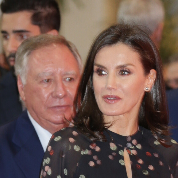 La reine Letizia d'Espagne, dans la robe Massimo Dutti qu'elle portait en octobre 2019 en visite officielle en Corée du Sud, lors de l'inauguration de la 40e édition du FITUR 2020, le grand salon annuel du tourisme de Madrid, le 20 janvier 2020.