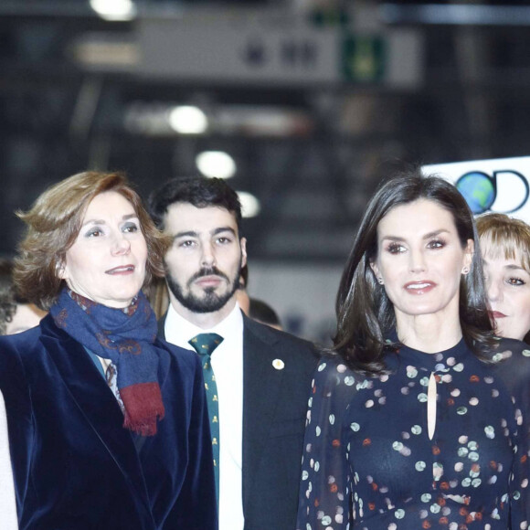 La reine Letizia d'Espagne, dans la robe Massimo Dutti qu'elle portait en octobre 2019 en visite officielle en Corée du Sud, lors de l'inauguration de la 40e édition du FITUR 2020, le grand salon annuel du tourisme de Madrid, le 20 janvier 2020.