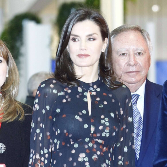 La reine Letizia d'Espagne, dans la robe Massimo Dutti qu'elle portait en octobre 2019 en visite officielle en Corée du Sud, lors de l'inauguration de la 40e édition du FITUR 2020, le grand salon annuel du tourisme de Madrid, le 20 janvier 2020.