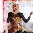 Gwen Stefani répète sa performance pour la cérémonie d'illumination de l'arbre de Noël au Rockefeller Center à New York, le 14 novembre 2019.
