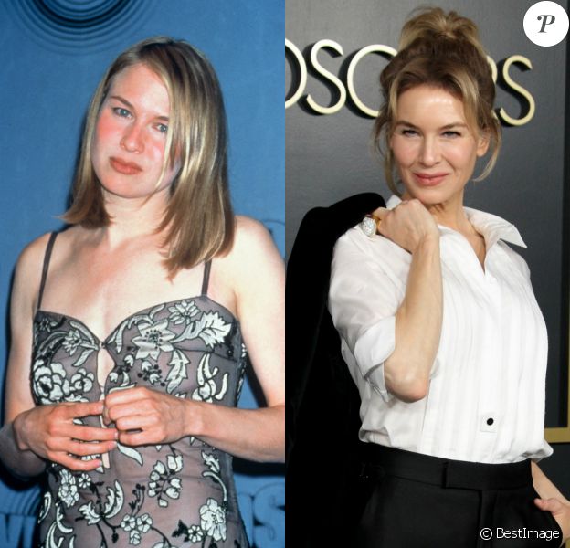 L'évolution physique de l'actrice Renée Zellweger. Ici aux MTV Movie Awards en 1997, puis au déjeuner des nominés aux Oscars à Los Angeles, le 27 janvier 2020.
