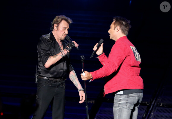 Exclusif - David Hallyday - Johnny Hallyday en duo pour son 2eme concert de la tournee "Born Rocker Tour" au POPB de Bercy a Paris. Le 15 juin 2013.