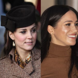 Kate Middleton avec ses boucles d'oreilles Zoraida à Sandringham, en décembre 2014. Meghan Markle avait un modèle de la même marque à Londres, le 7 janvier 2020.