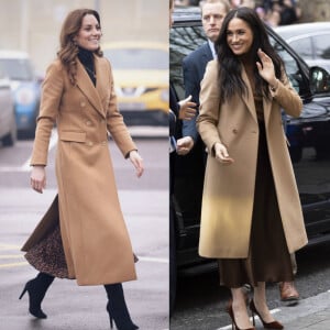 Kate Middleton et Meghan Markle en manteaux camel, col roulé et jupe mi-longue fluide, janvier 2020.