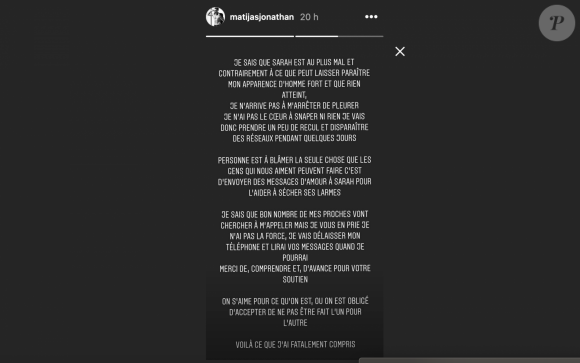 Jonathan Matijas annonce sa rupture avec Sarah Lopez sur Instagram - vendredi 21 février 2020