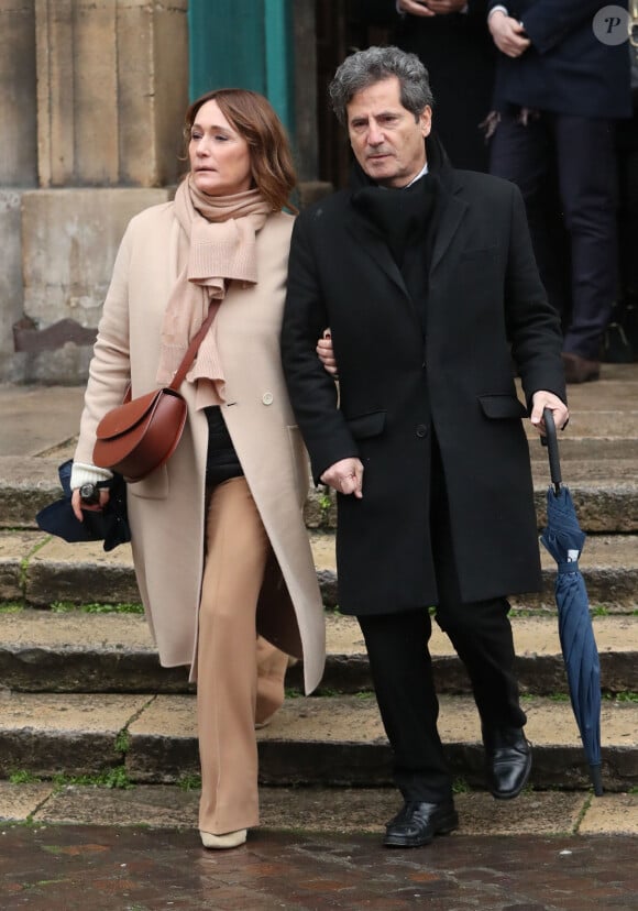 Daniela Lumbroso et son mari Eric Ghebali - Sorties des obsèques d'Hervé Bourges en l'église Saint-Eustache à Paris le 2 mars 2020.