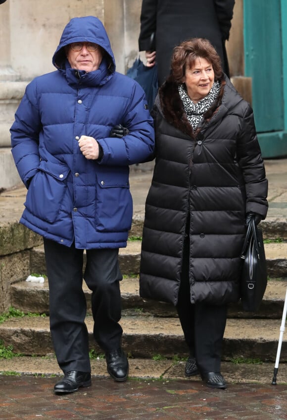 Michèle Cotta et son mari Philippe Barret - Sorties des obsèques d'Hervé Bourges en l'église Saint-Eustache à Paris le 2 mars 2020.