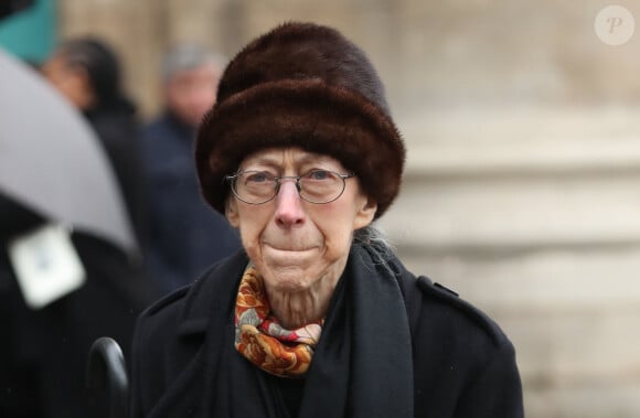 La veuve, Mme Marie Bourges - Sorties des obsèques d'Hervé Bourges en l'église Saint-Eustache à Paris le 2 mars 2020.
