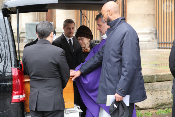 La veuve, Mme Marie Bourges et son fils Patrick Bourges - Sorties des obsèques d'Hervé Bourges en l'église Saint-Eustache à Paris le 2 mars 2020.