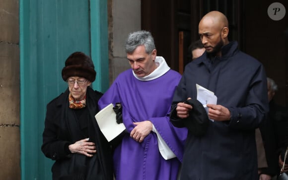 La veuve, Mme Marie Bourges et son fils Patrick Bourges - Sorties des obsèques d'Hervé Bourges en l'église Saint-Eustache à Paris le 2 mars 2020.