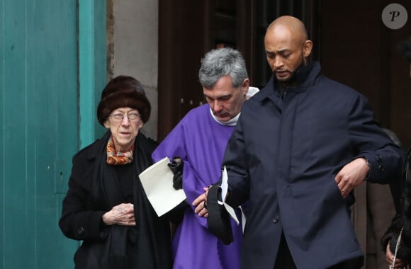 La veuve, Mme Marie Bourges et son fils Patrick Bourges - Sorties des obsèques d'Hervé Bourges en l'église Saint-Eustache à Paris le 2 mars 2020.