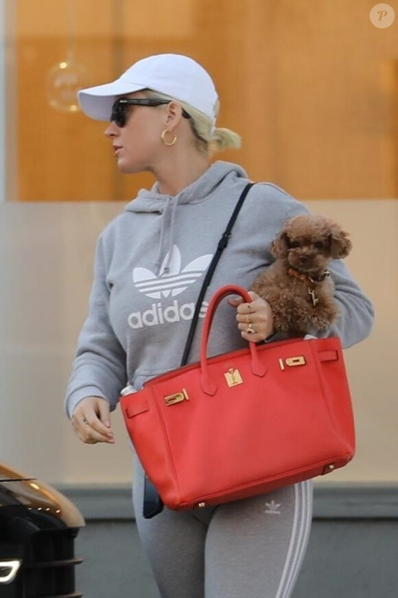 Exclusif - Katy Perry à la sortie des ses bureaux avec son petit chien Nugget dans les bras dans le quartier de West Hollywood à Los Angeles, le 3 mars 2020
