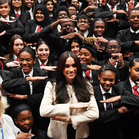 Meghan Markle, duchesse de Sussex, fait une visite surprise à l'école supérieure Robert Clack de Dagenham pour célébrer la "Journée internationale de la femme". Royaume Uni,. Le 7 mars 2020.