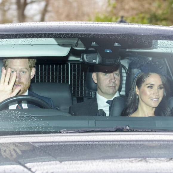 Le prince Harry, duc de Sussex, et Meghan Markle, duchesse de Sussex, arrivent à l'Eglise "All Saints Church" à Windsor pour assister à la messe dominicale aux côtés de la reine Elisabeth II d'Angleterre, le 8 mars 2020.