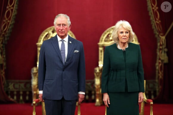 Le prince Charles, prince de Galles, Camilla Parker Bowles, duchesse de Cornouailles, Lors de la remise des Prix Anniversaire de la Reine pour Higher and Further Education à Buckingham Palace, Londres. Le 20 février 2020.