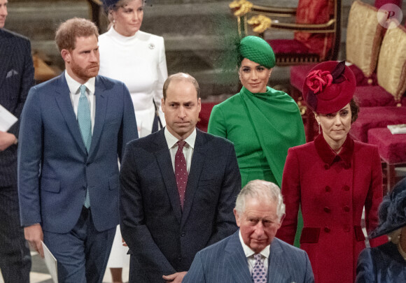 Le prince Charles le prince William, duc de Cambridge, et Kate Catherine Middleton, duchesse de Cambridge, le prince Harry, duc de Sussex, Meghan Markle, duchesse de Sussex - La famille royale d'Angleterre lors de la cérémonie du Commonwealth en l'abbaye de Westminster à Londres. Le 9 mars 2020