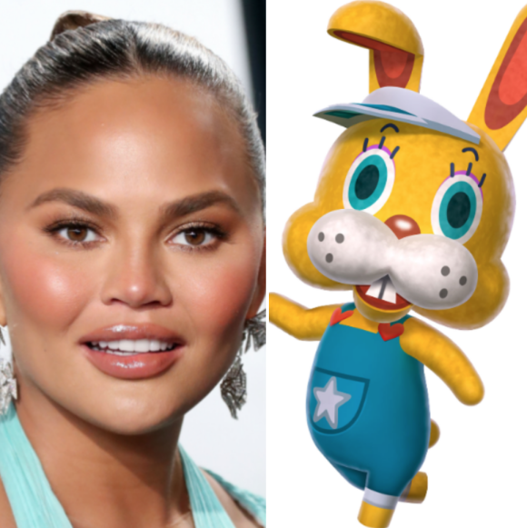Chrissy Teigen a la hainte contre le lapin Zipper d'Animal Crossing. Montage BestImage + capture du jeu, le 3 avril 2020.