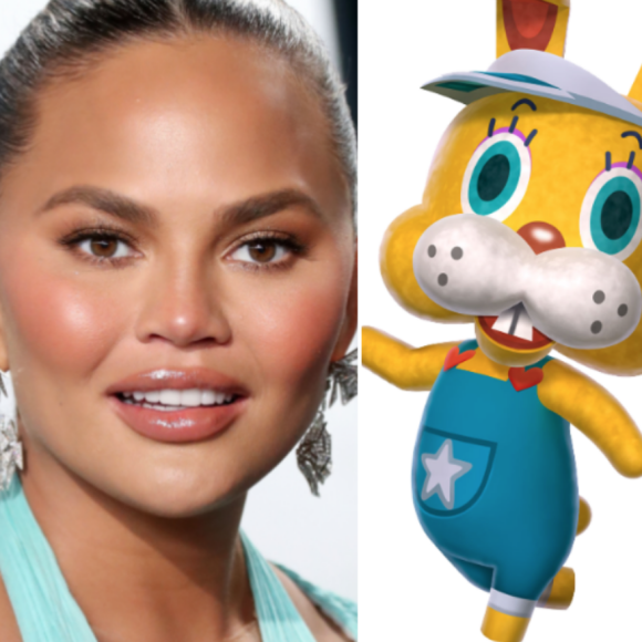 Chrissy Teigen a la hainte contre le lapin Zipper d'Animal Crossing. Montage BestImage + capture du jeu, le 3 avril 2020.