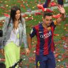 Xavi Hernandez et sa femme Nuria Cunillera - Les joueurs célèbrent leur victoire en famille du match de football La Liga contre Deportivo Coruna à Barcelone. Xavi Hernandez, capitaine du FC Barcelone, a annoncé son départ à la fin de la saison. Le 23 mai 2015