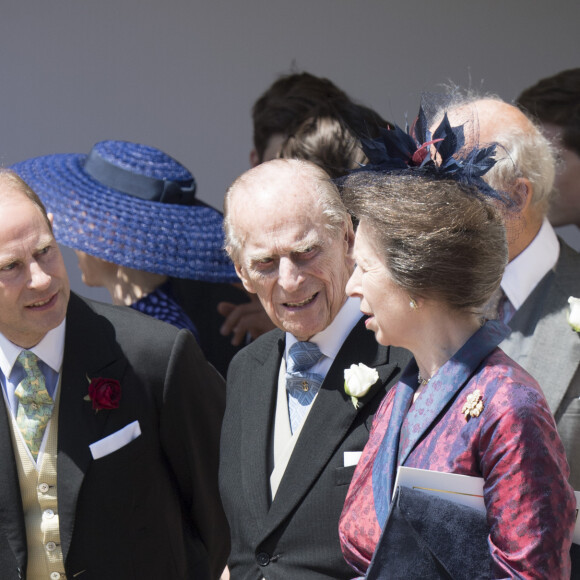 Le prince Philip, duc d'Edimbourg, Le prince Edward, comte de Wessex, La princesse Anne - Les invités à la sortie de la chapelle St. George au château de Windsor, Royaume Uni, le 19 mai 2018, après le mariage du prince Harry et Meghan Markle.