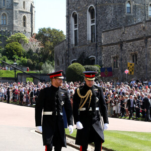 Les princes Harry et William arrivent à la chapelle St. George au château de Windsor - Mariage du prince Harry et de Meghan Markle au château de Windsor, Royaume Uni, le 19 mai 2018.