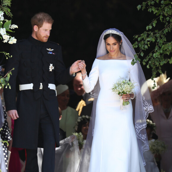 Le prince Harry, duc de Sussex, et Meghan Markle, duchesse de Sussex, à la sortie de chapelle St. George au château de Windsor - Sortie après la cérémonie de mariage du prince Harry et de Meghan Markle en la chapelle Saint-George au château de Windsor, Royaume Uni, le 19 mai 2018.