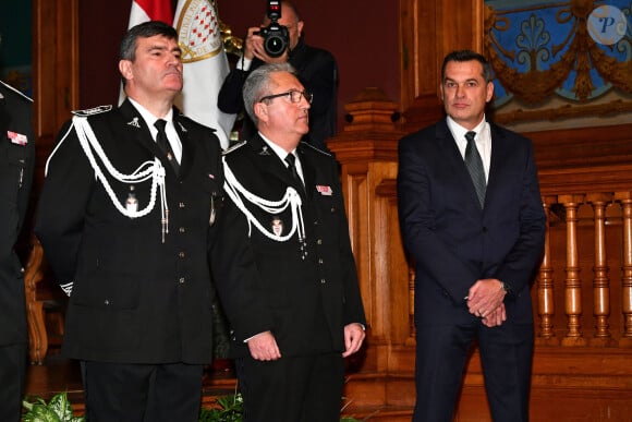 Jean-Raymond Gottlieb (commandant de la D.R.I de Monaco - père de Camille Gottlieb) , à droite, durant la traditionnelle cérémonie des voeux de la Sureté Publique de Monaco le 16 janvier 2018. © Bruno Bebert / Bestimage