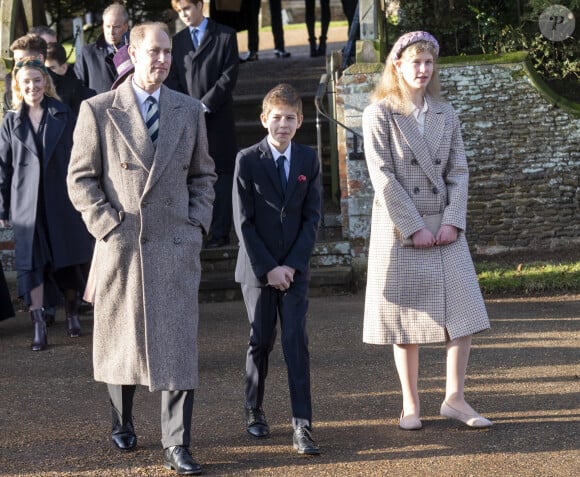Le prince Edward, comte de Wessex, James Mountbatten-Windsor, Louise Mountbatten-Windsor (Lady Louise Windsor) lors de la messe de Noël en l'église Sainte-Marie-Madeleine à Sandringham au Royaume-Uni, le 25 décembre 2019.