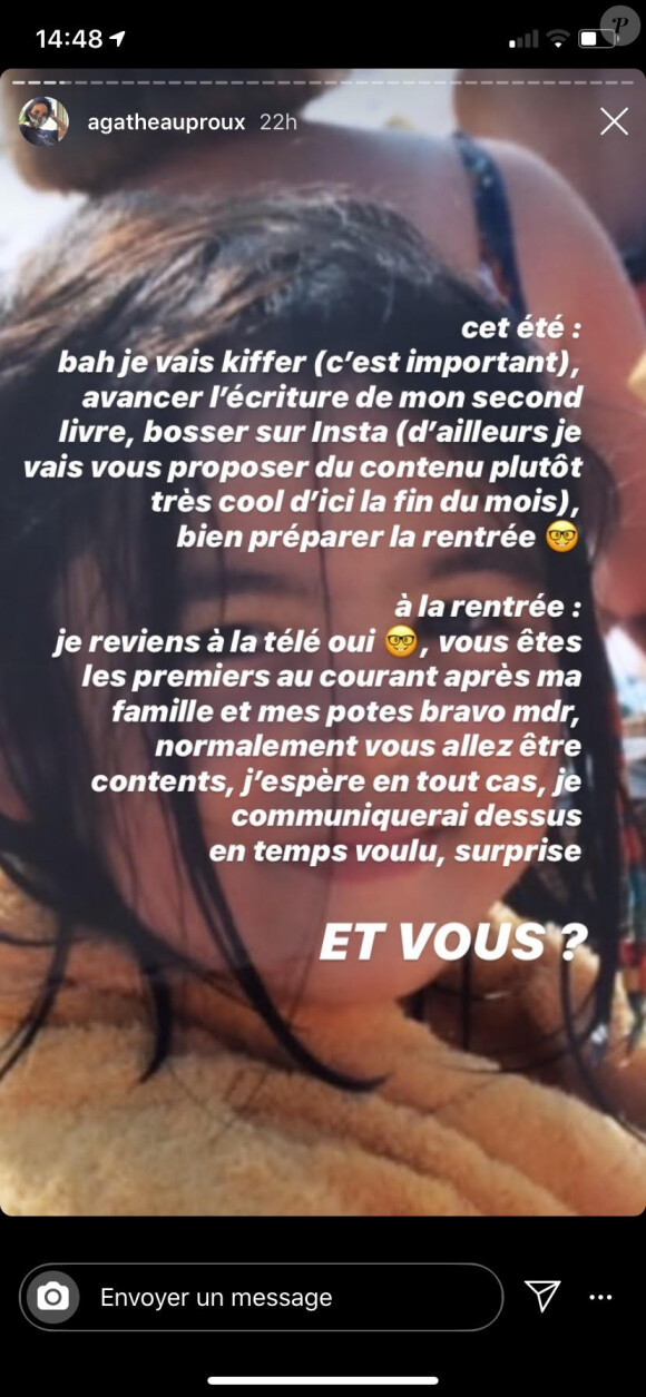 Agathe Auproux se livre sur ses complexes et ses projets en story sur Instagram le 18 juin 2020.