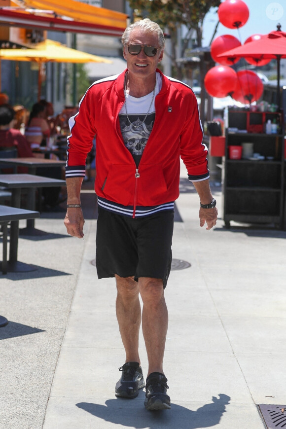 Dolph Lundgren et sa fiancée Emma Krokdal sont allés déjeuner au restaurant "Le Petit Four" à West Hollywood, le 26 juin 2020.
