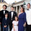 Le prince Joachim de Danemark, la princesse Marie de Danemark, le prince Nikolai de Danemark, le prince Felix de Danemark, le prince Henrik de Danemark, la princesse Athena de Danemark - Célébration du 50ème anniversaire du prince J. de Danemark, dîner organisé par la reine M.II de Danemark au chateau Amalienborg, Copenhague, le 7 juin 2019.