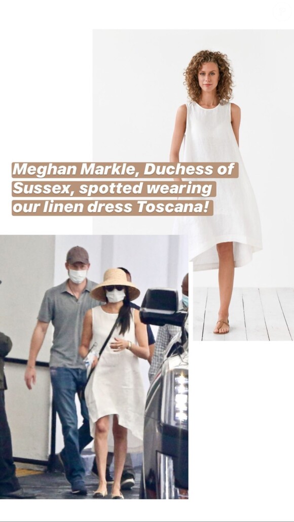 Meghan Markle à Beverly Hills le 10 juillet 2020, portant une robe Magic Linen.