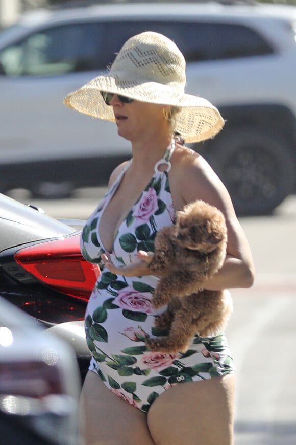 Exclusif - Katy Perry, très enceinte et son petit chien Nugget dans les bras , se rend à la plage avec son compagnon Orlando Bloom torse nu lors du week-end de Memorial Day le 24 mai à Santa Barbara.
