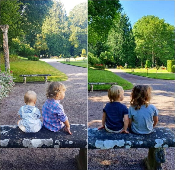 Le prince Gabriel et le prince Alexander de Suède, les deux enfants du prince Carl Philip et de la princesse Sofia, grandissent à vue d'oeil : la preuve avec le remake en juillet 2020 (à droite) de leur photo d'août 2018, à la Villa Solliden, à Borgholm.