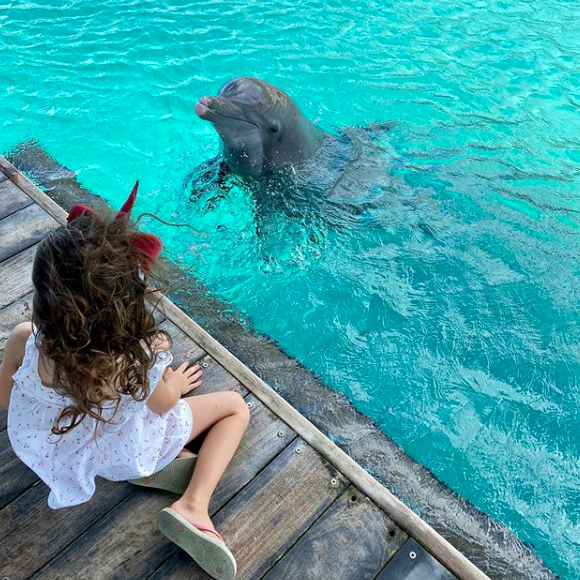 Manava, la fille de Mareva Galanter et d'Arthur fait la connaissance d'un dauphin. Juillet 2020.