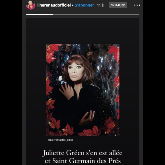 Line Renaud rend hommage à Juliette Gréco sur Instagram. Le 23 septembre 2020.