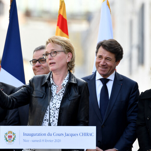 Claude Chirac, Christian Estrosi, le maire de Nice, et sa femme Laura Tenoudji Estrosi durant l'inauguration du Cours Jacques Chirac et le dévoilement de la statue à son effigie réalisée par l'artiste peintre niçois Patrick Fréga, à Nice le 8 février 2020. Le Cours Jacques Chirac se situe à la frontière du Vieux Nice, entre le Quai des Etats-Unis et le Cours Saleya.© Bruno Bebert / Bestimage