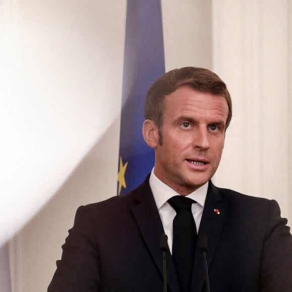 Le président Emmanuel Macron et le président de la Lettonie Egils Levits lors d'une conférence de presse conjointe au château de Riga, Lettonie après la cérémonie d'accueil le 29 septembre 2020. © Stéphane Lemouton / Bestimage