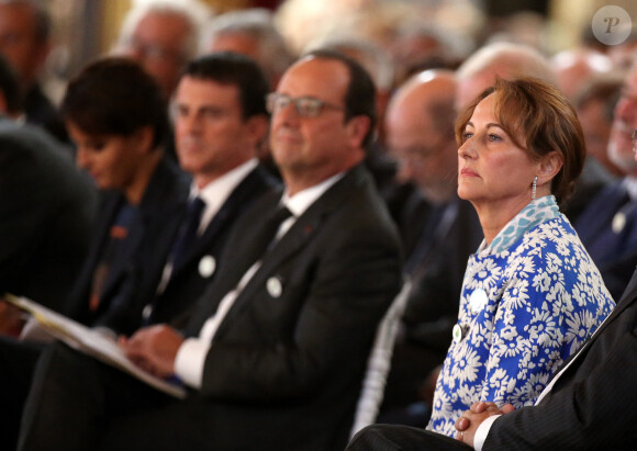 Manuel Valls, François Hollande et Ségolène Royal - Lancement de la conférence des Nations-Unis sur les changements climatiques, COP 21 , au Palais de l'Elysée à Paris le 10 septembre 2015.