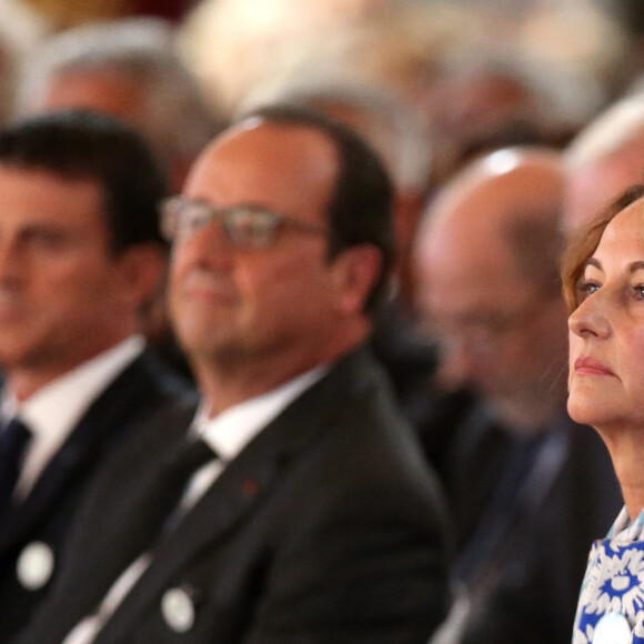 Manuel Valls, François Hollande et Ségolène Royal - Lancement de la conférence des Nations-Unis sur les changements climatiques, COP 21 , au Palais de l'Elysée à Paris le 10 septembre 2015.
