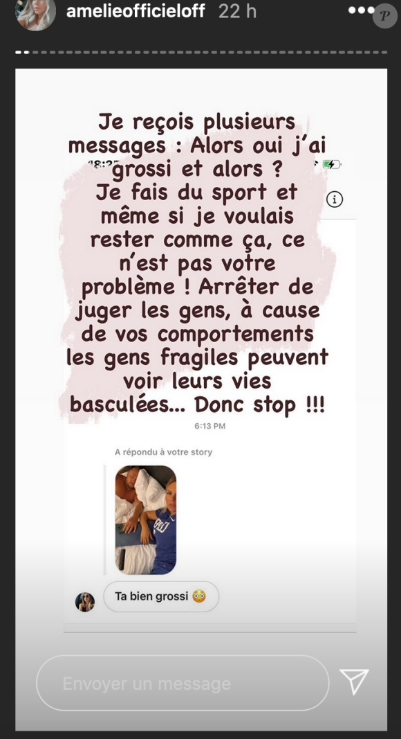 Amélie Neten évoque sa prise de poids en story Instagram